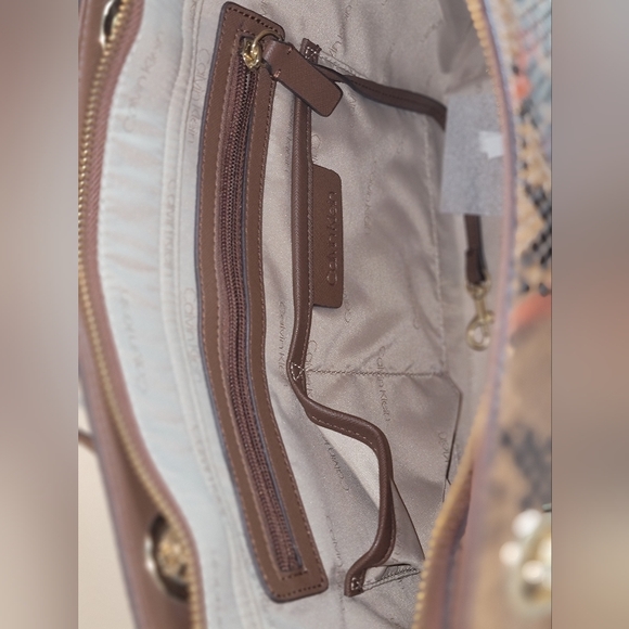 Calvin Klein Hayden Snake Print Leather Tote Double Strap, Walnut NWT From Macys - Picture 3 of 12